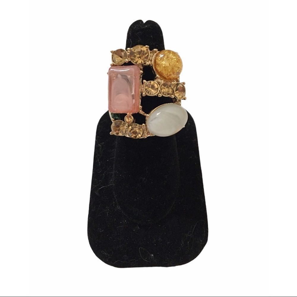 Cabochon Faux Gemstone Cluster Stretchy Cocktail Ring Gold Tone Women’s Sz 7.5